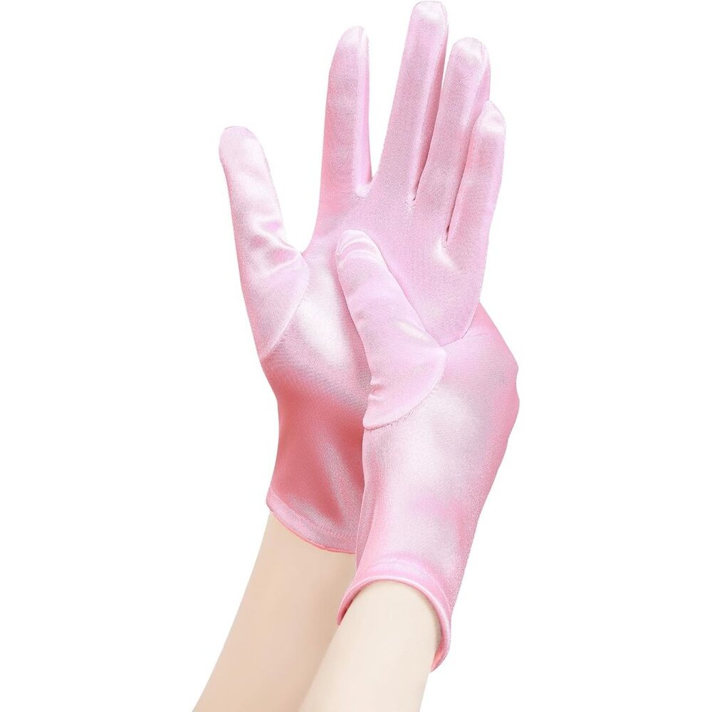 Women's 8-6 Pink Elastic Short Length Satin Wrist Gloves Wedding Bride Prom